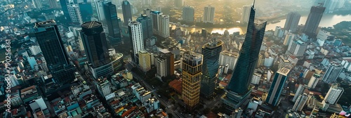 Top view aerial photograph taken with a drone of Bitexco, a developed metropolis featuring business centers and office skyscrapers. Tall buildings in the city of Ho Chi Minh photo