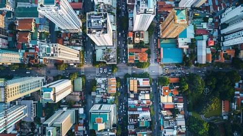 Top view aerial photograph taken with a drone of Bitexco, a developed metropolis featuring business centers and office skyscrapers. Tall buildings in the city of Ho Chi Minh