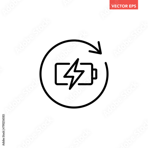 Black single battery recharge line icon, simple charging power cycle symbol flat design pictogram vector for app ads web banner button ui interface elements isolated on white background