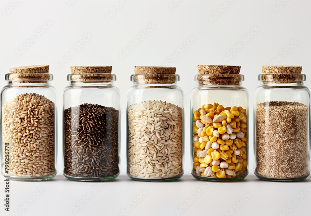 a row of glass jars filled with different types of grains and seeds a row of glass jars filled with different types of grains and seeds