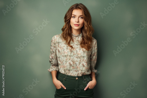 Young stylish woman standing on green background