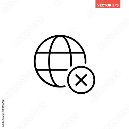 Black single server not confirm line icon, simple globe with failed checkmark flat design vector pictogram, infographic interface elements for app logo web button ui ux isolated on white background