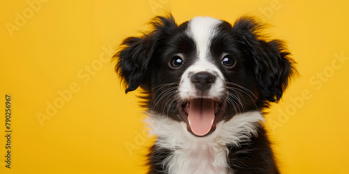 Funny portrait of cute smilling puppy papillon on yellow background