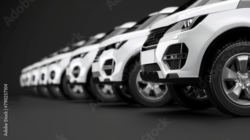 White SUVs are arranged in a row. a collection of standard modern vehicles. Transportation. A fleet of luxury off-road vehicles with a generic, nameless design. separated against a dark backdrop