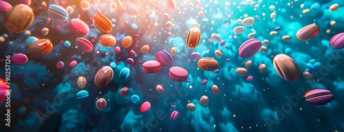 a bunch of pills floating in the air with a blurry background photo