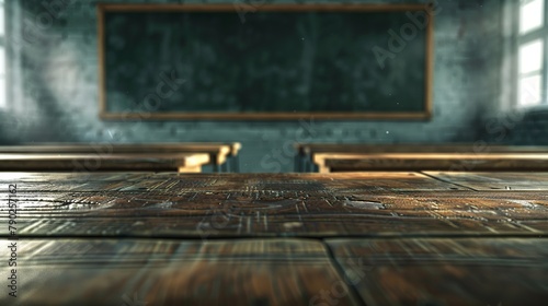 An empty classroom with a row of wooden school desks facing the blackboard is seen in a wide angle background image. photo