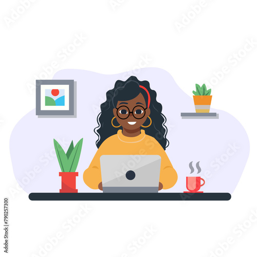 Black woman sitting with laptop. Freelance, online studying, work from home concept. Vector illustration in flat style.