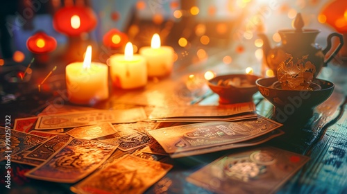 a table topped with lots of cards and candles