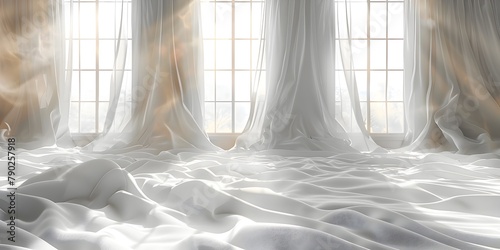 Ethereal Sunlight Streaming Through White Silk Drapes in a Serene Bedroom, Evoking a Dreamlike Atmosphere