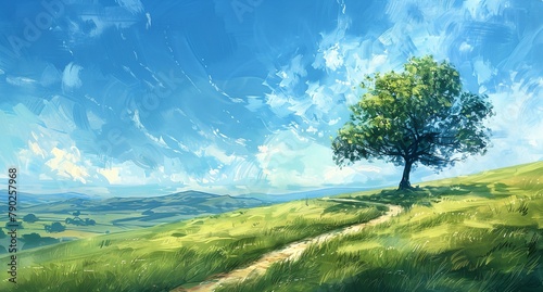 a tree in a field with a sky background