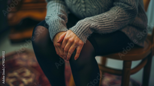 Close-Up of Woman's Hand on Knee. A close-up image capturing the detail of a woman's hand gently resting on her knee, conveying a sense of calm and introspection. photo