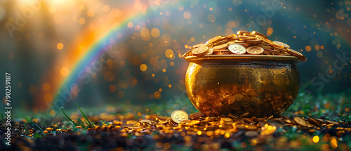 Saint Patrick's Day and Leprechaun's pot of gold coins concept with a rainbow indicating where the leprechaun hid treasure on tgreen with copy space. St Patrick is the patron saint of Ireland backdrop photo