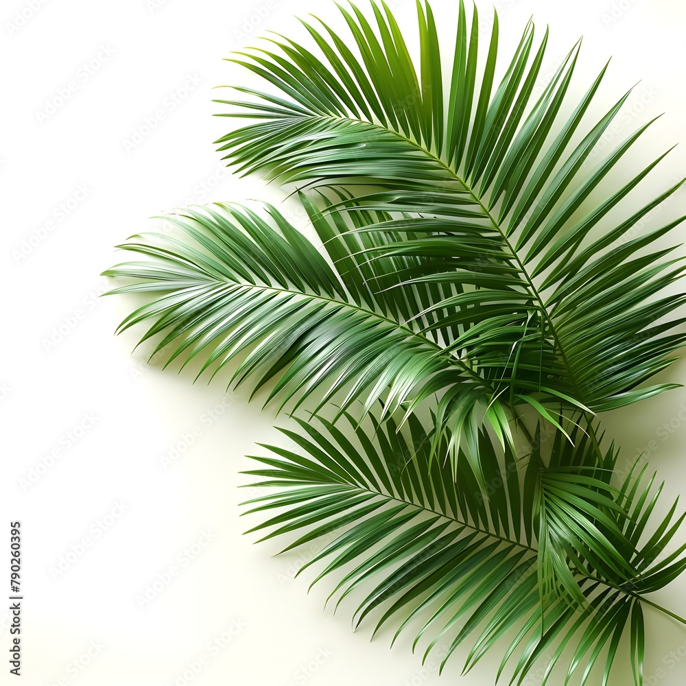 Lush Palm Leaf, Tropical Greenery on White Background, Flat Lay Top View