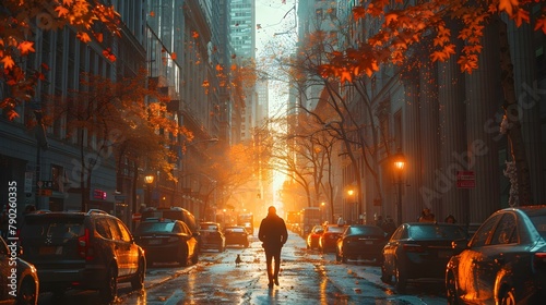 Man Walking Down New York Street at Autumn Sunset with City Buildings and Orange Leaves