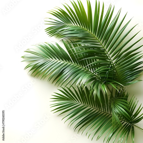 Lush Palm Leaf, Tropical Greenery on White Background, Flat Lay Top View