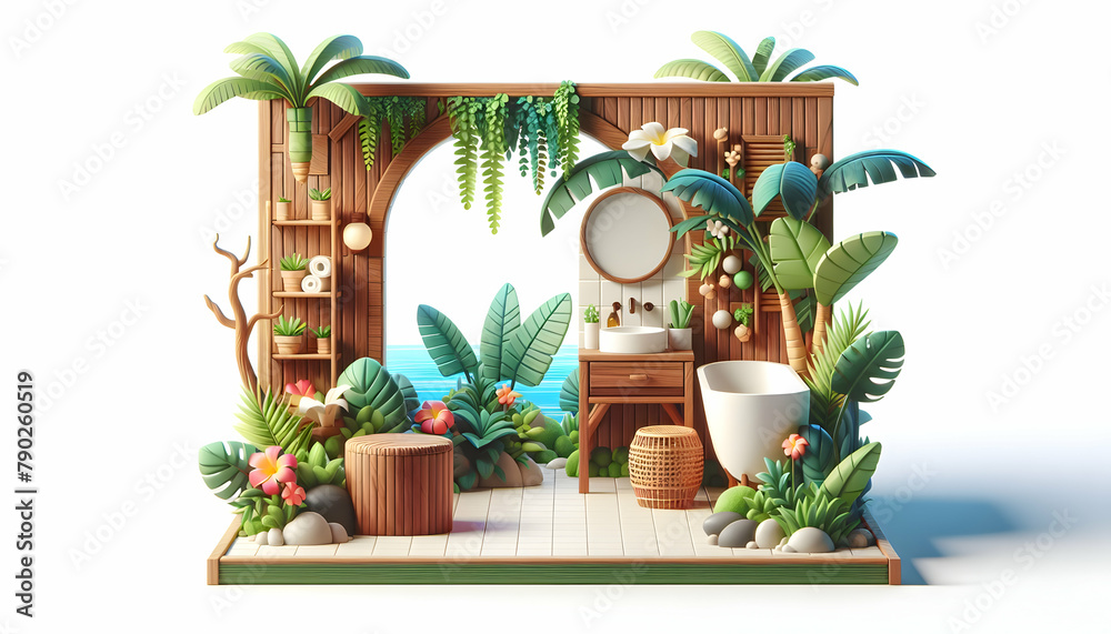 3D Icon: Tropical Oasis - Vibrant Flora and Teak Stool in Exotic Bathroom Interior Design with Nature Concept