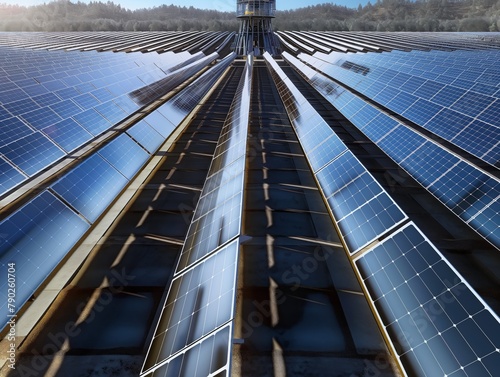 A solar panel field with a lot of panels. The panels are all facing the same direction. The sky is blue and the sun is shining
