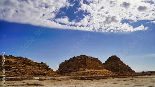 Satellite pyramids on the Giza plateau known as the Queen's pyramids belonging to Hetepheres, The Pharoah Khufu's mother, Meritetes, his daughter and Henutsen,one of his consorts  photo