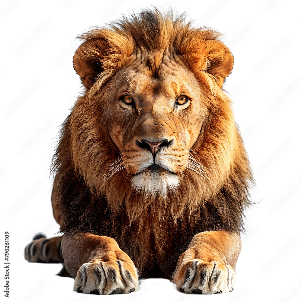 Majestic Lion in Regal Pose with Thick Mane on White Background