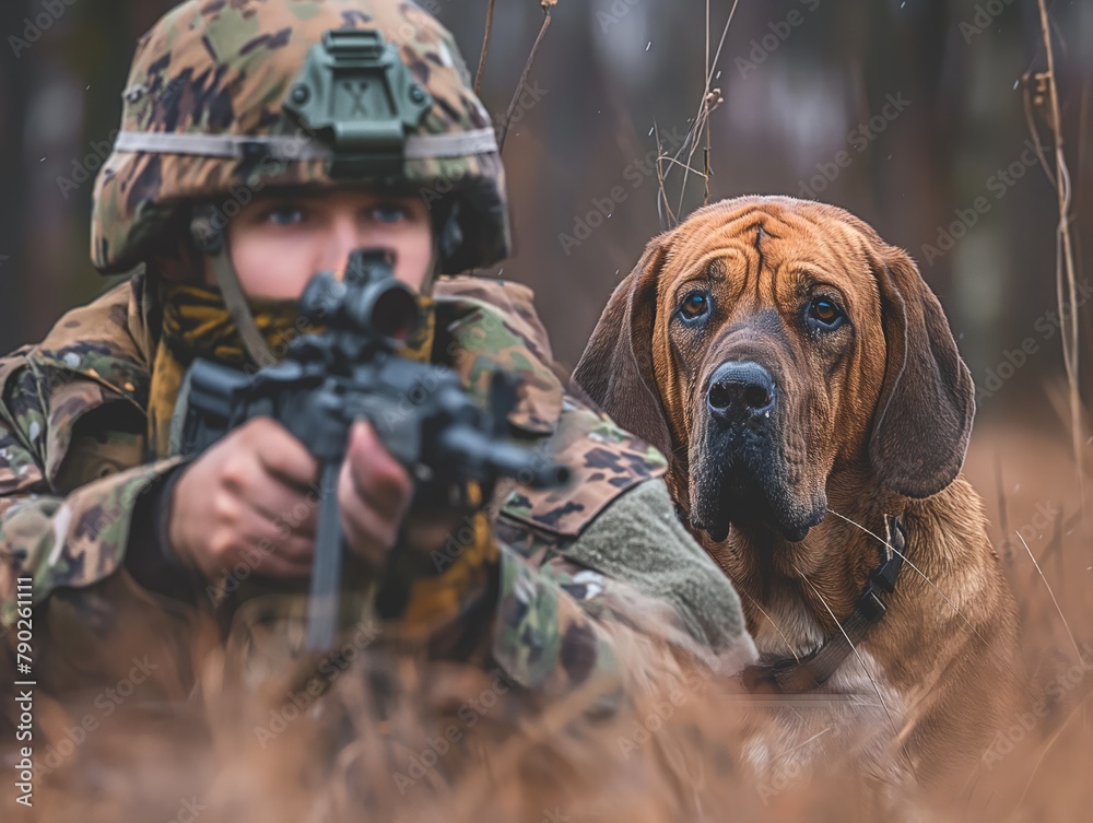 A soldier is holding a gun and a dog is laying down in the grass. Scene is tense and serious, as the soldier is in a combat situation and the dog is likely a companion or a rescue dog