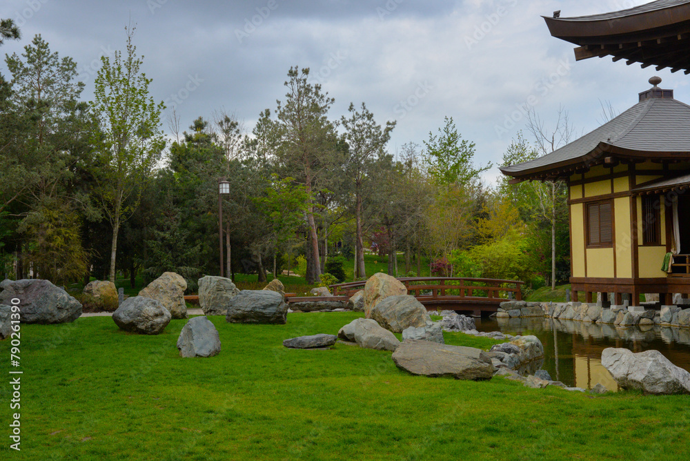 A picturesque place in the Japanese garden Krasnodar. Public landscape of Galician Park. Krasnodar, Russia. April 20, 2024