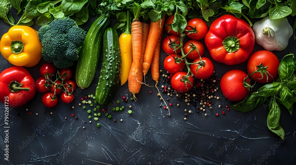 Vibrant Assortment of Fresh Vegetables on a Dark Background Symbolizing Healthful Eating Vibrant Assortment of Fresh Vegetables on a Dark Background Symbolizing Healthful Eating