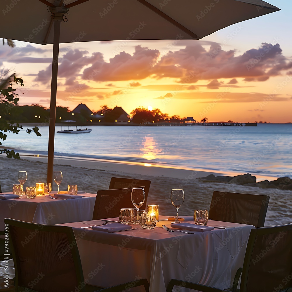 Immerse in the magic of a coastal soirée: table set for two, evoking honeymoon bliss, adorned with gourmet delights and glasses of rosé, embraced by the soft glow of the setting sun.
