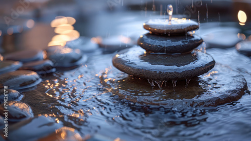 Close-up of wet zen stones with raindrops