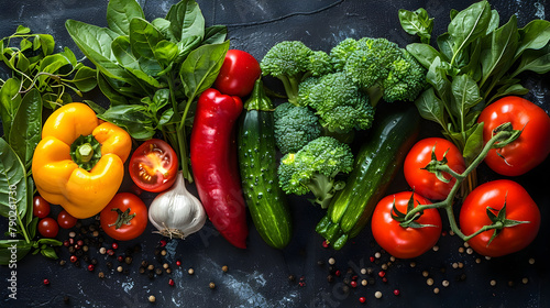 Fresh and Vibrant Vegetables on a Dark Background Radiating Health and Wellness in a Top View Composition for Stock Photography