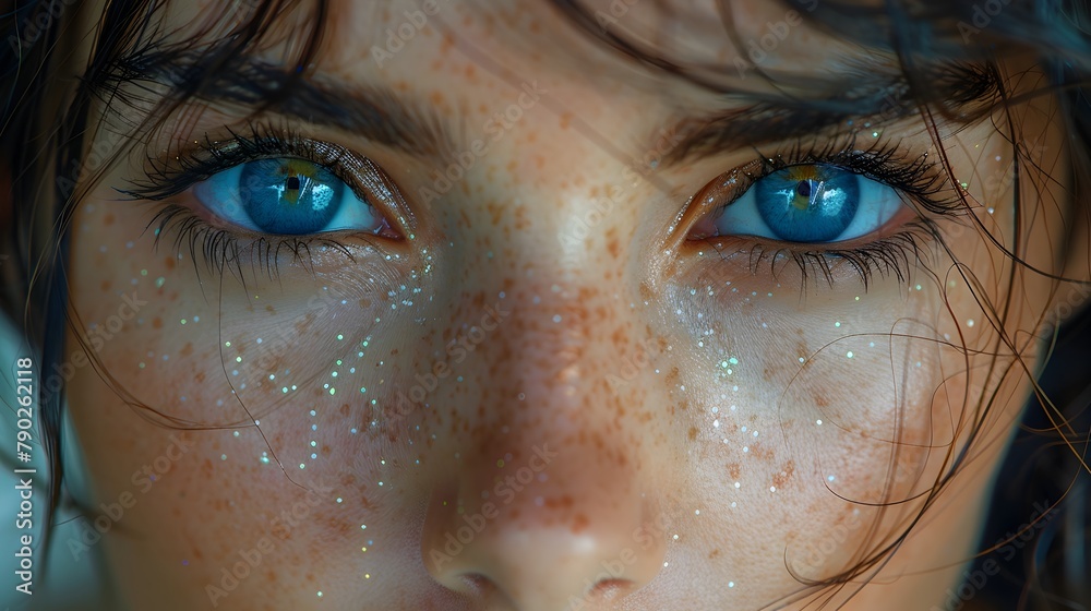 Blue-Eyed Girl Adorned with Glittering Eyelids Basking in Light Blue-Eyed Girl Adorned with Glittering Eyelids Basking in Light