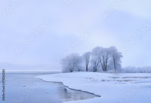 Frozen lake flanked by snow-covered trees, AI-generated.