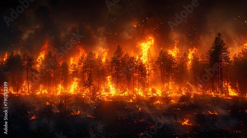 Forest Fire Rages in Night Sky Intense Display of Natures Power photo