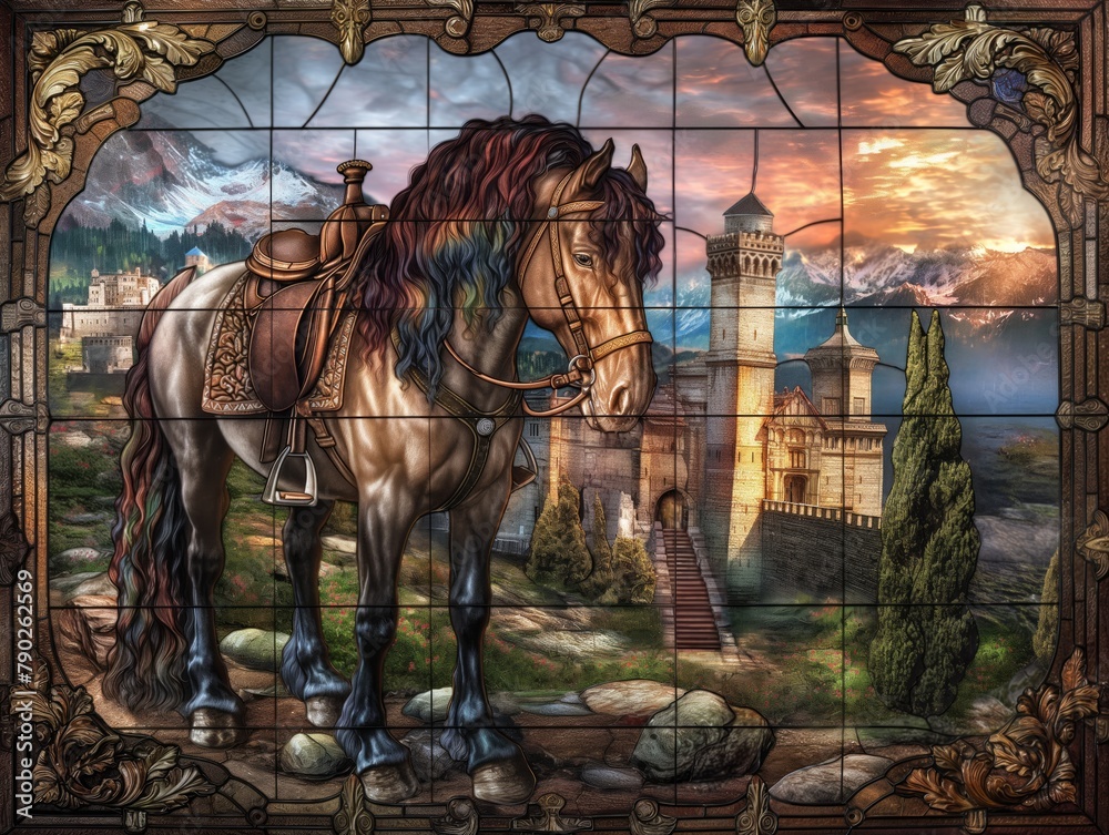 A horse is standing in front of a castle. The horse is brown and has a black mane. The sky is blue and the sun is setting