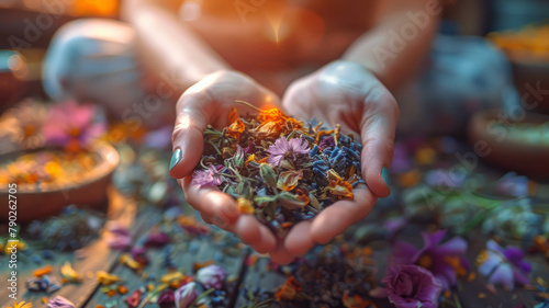 Woman holding dried flowers in hands.
