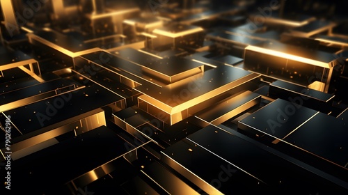 3d rendering of gold and black abstract geometric background. Scene for advertising, technology, showcase, banner, game, sport, cosmetic, business, metaverse. Sci-Fi Illustration. Product display