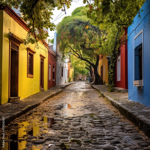 Street in the Spanish colonial neighborhood. Colorful historic city. Old townhouses, colonial architecture 