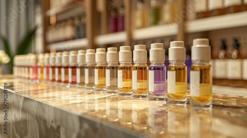 Row of essential oil bottles on a shelf.