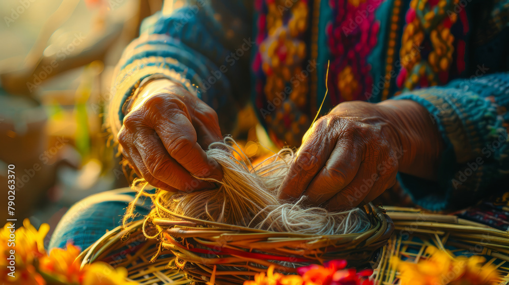 Close-up of elderly hands weaving a basket. - obrazy, fototapety, plakaty 