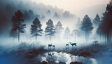 Smogged Serenity: A Deer Family Amidst a Foggy Forest, the Haze a Grim Reminder of Air Pollution - Close-Up Small Animal Double Exposure
