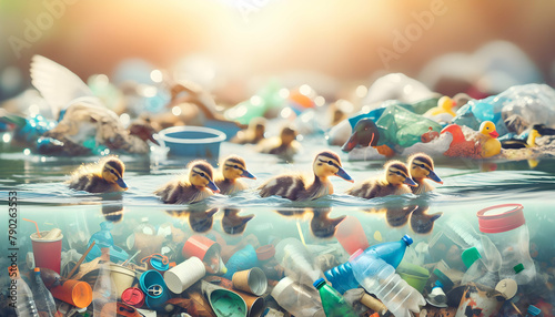 Wasted Waters: A Call to Action for Water Cleanliness - A Family of Ducks Swims in a River Marred by Plastic Waste