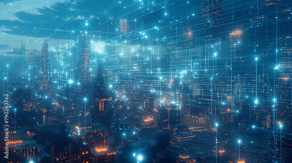 A city map with a detailed network of smart buildings, each connected by data streams visualized through holographic displays floating above, showcasing traffic and energy in a dar