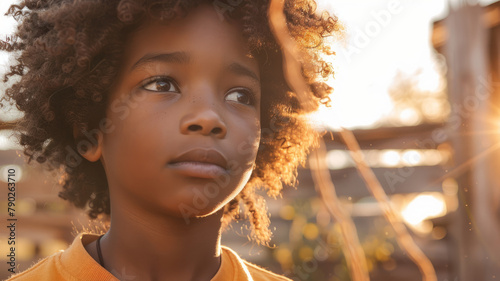 Child with a thoughtful expression at sunset