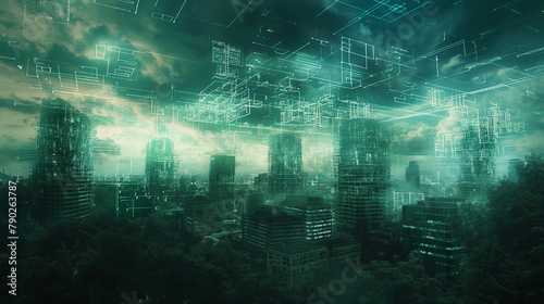 An urban landscape rendered in a futuristic interface with holograms of energy and traffic data floating above buildings  complemented by a cloud-filled background in dark sky-blue