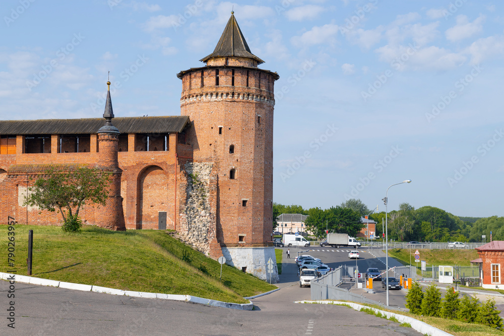 Ancient Marinkina tower in the city landscape on a sunny June morning. Kolomna Kremlin