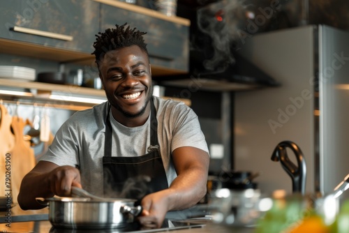 Young, joyful male chef cooking at a stove in a home setting, radiating warmth and domestic comfort