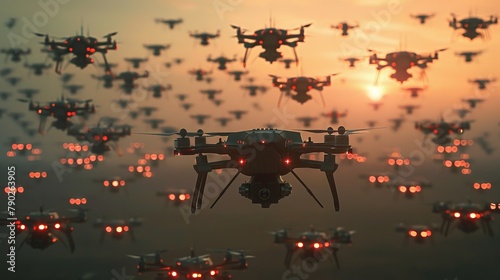 A fleet of unmanned aerial vehicles (UAVs) with glowing red lights flying in a dusky sky, symbolizing technological surveillance or military operation.