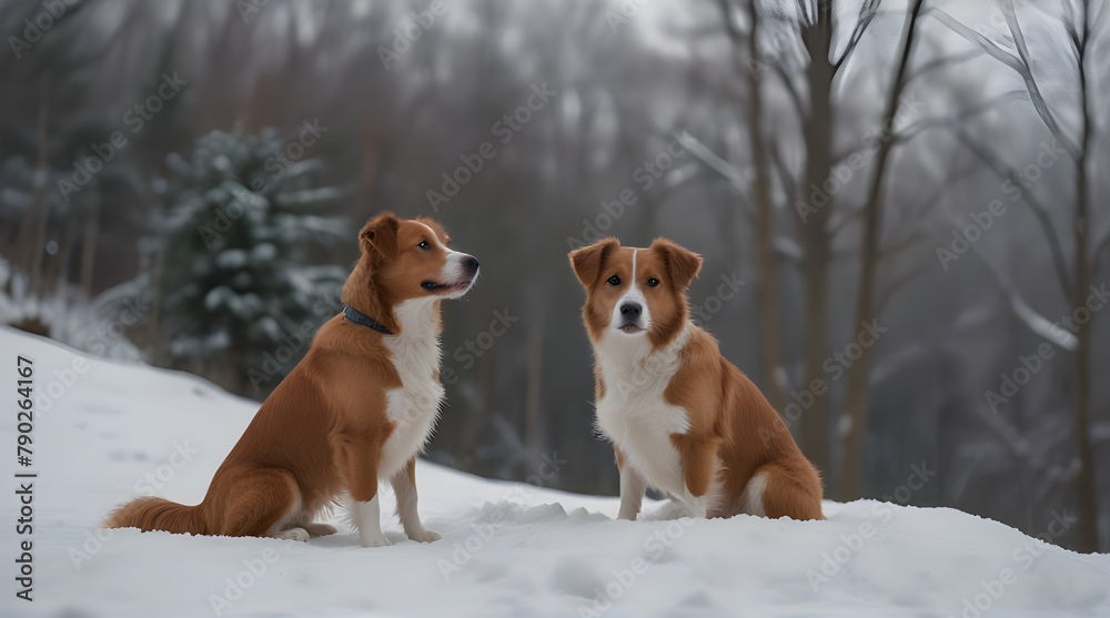 Two dogs perch on a snow covered hill a Nova Scotia .Generative AI