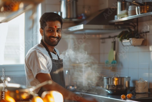 A cheerful male chef with a beard stands in a professional kitchen with steam rising from pots in the background photo