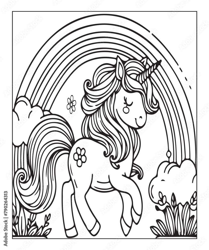 Fototapeta premium Cute unicorn with rainbow. black and white vector illustration for coloring book, Generative AI