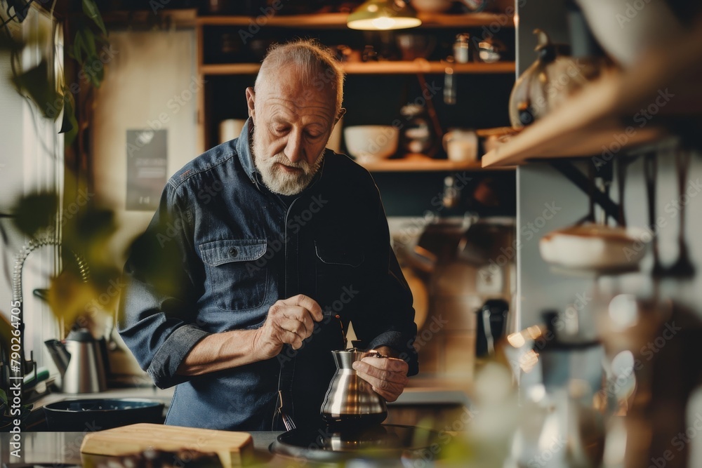 An elderly man in a denim shirt meticulously prepares coffee in a modern kitchen setting An elderly man in a denim shirt meticulously prepares coffee in a modern kitchen setting